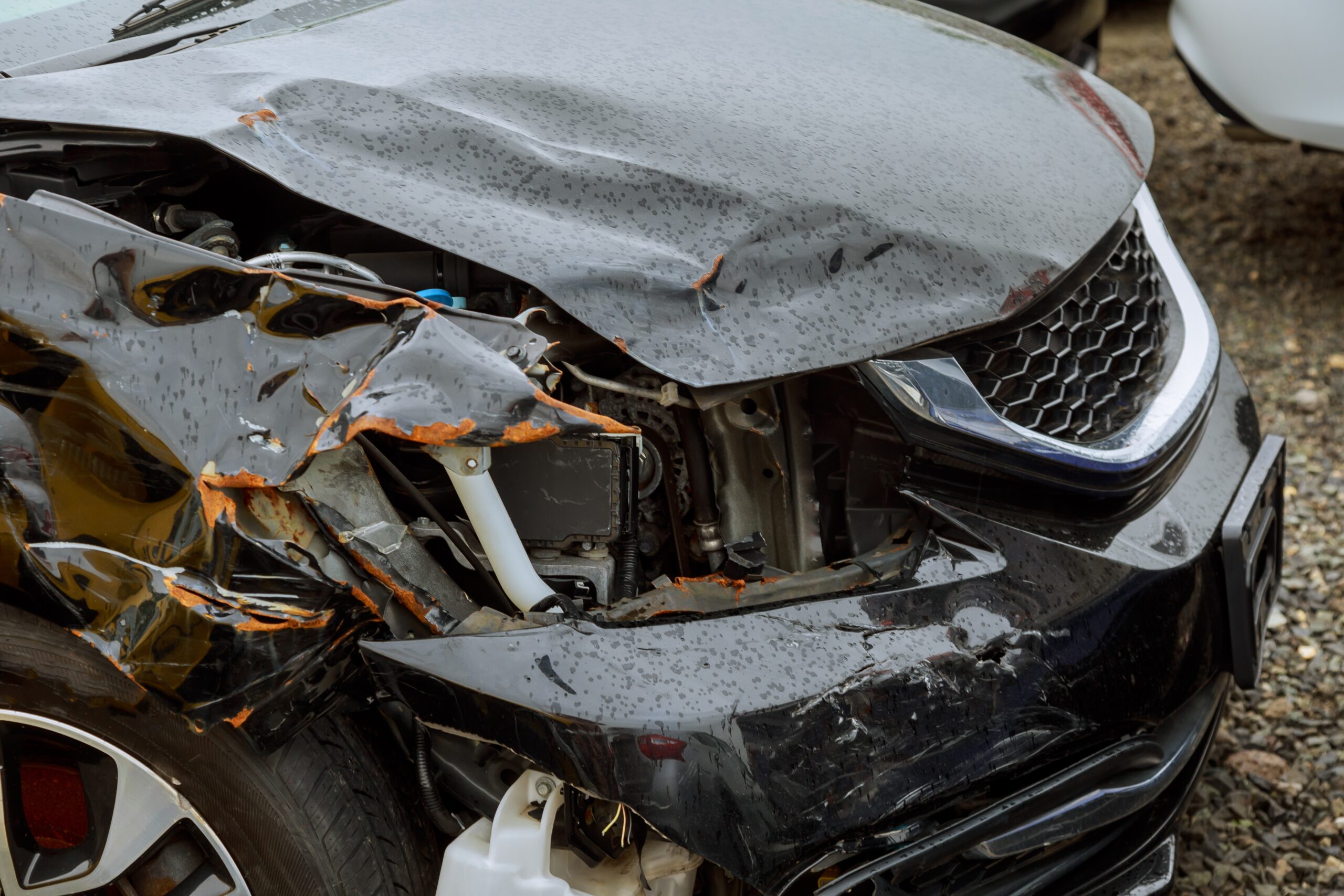 A close-up of a car's front end, crumpled and mangled from a collision.